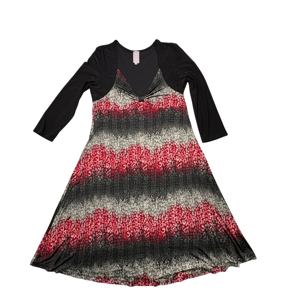 Purple Rain Dress Womens L Red Black Gray Abstract Pattern 3/4‎ Sleeve A-Line